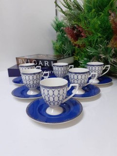Tekbir Porselen Ayaklı Mavi Desenli Kahve Fincanı Set